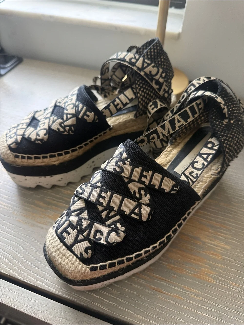 Stella McCartney Black and Cream Logo Espadrille Wedges